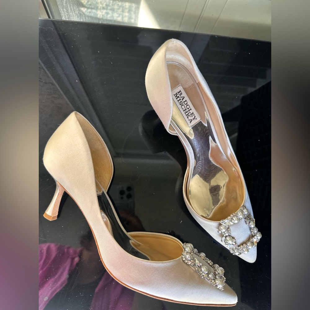 Badgley Mischka Cream Heels with Rhinestone Embellishments